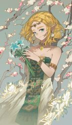 Rule 34 | 1girl, absurdres, aqua eyes, bare shoulders, blonde hair, blue flower, commentary request, cowboy shot, dress, flower, highres, holding, holding flower, jewelry, lettereast, looking at viewer, neck ring, nintendo, pointy ears, princess zelda, short hair, smile, solo, standing, strapless, strapless dress, the legend of zelda, the legend of zelda: tears of the kingdom