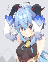 Rule 34 | ahoge, armpits, bare shoulders, bell, black gloves, blue hair, blush, breasts, detached sleeves, ganyu (genshin impact), genshin impact, gloves, gold trim, highres, horn grab, horns, looking at viewer, neck bell, red eyes, sidelocks, small breasts, solo, white sleeves, zoirun
