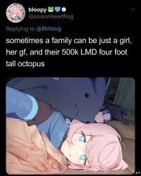 Rule 34 | 2girls, 500 dollar four foot tall mareep (meme), arknights, blue eyes, blue hair, blue jacket, blue nails, blue poison (arknights), bright pupils, character doll, english text, glaucus (arknights), hairband, highres, hood, hood up, jacket, long sleeves, looking at viewer, lying, meme, multicolored hair, multiple girls, numbered, on side, pink hair, ruri (dailybloopy), selfie, smile, streaked hair, stuffed animal, stuffed octopus, stuffed toy, twitter, under covers, white pupils, yuri