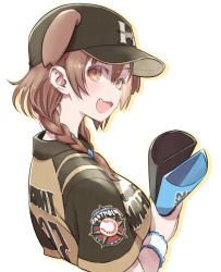 Rule 34 | 1girl, :d, alternate costume, animal ears, baseball cap, black hat, blush, braid, breasts, brown eyes, brown hair, brown shirt, commentary, dog ears, dog girl, extra ears, eyelashes, fang, from side, hair between eyes, hat, hokkaido nippon-ham fighters, holding, hololive, inugami korone, jersey, looking at viewer, medium breasts, medium hair, nippon professional baseball, open mouth, outline, shirt, side braids, simple background, smile, solo, sweatband, twin braids, virtual youtuber, white background, wristband, yoshida on