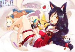 Rule 34 | 1girl, :d, aa2233a, ahri (league of legends), animal ears, barefoot, black hair, blitzcrank, braid, breasts, character doll, cleavage, featherknight, fox ears, heart, jinx (league of legends), league of legends, little legend, long hair, looking at viewer, low-tied long hair, lux (league of legends), open mouth, poster (object), sitting, smile, spoken heart, tail, teamfight tactics, thigh strap, tibbers, whiskers, yasuo (league of legends)