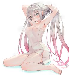 Rule 34 | 1girl, absurdres, alternate costume, armpits, bare shoulders, barefoot, blue eyes, blush, breasts, cleavage, closed mouth, collarbone, girls&#039; frontline, grey hair, hands in hair, highres, lemures, lips, long hair, looking at viewer, lwmmg (girls&#039; frontline), lwmmg (mod3) (girls&#039; frontline), medium breasts, mod3 (girls&#039; frontline), mouth hold, multicolored hair, naked towel, on floor, pink hair, smile, solo, thighs, towel, two-tone hair, white background