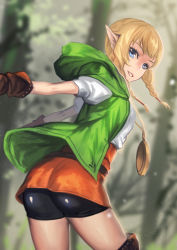Rule 34 | 1girl, ass, bike shorts, blue eyes, blush, boots, braid, colored eyelashes, deras, gloves, hyrule warriors, leather, leather boots, leather gloves, linkle, looking at viewer, nintendo, pointy ears, smile, solo, the legend of zelda, thigh boots, thighhighs, twin braids, zettai ryouiki