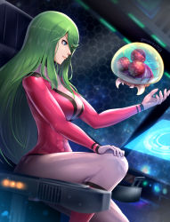 Rule 34 | 1girl, 1other, abs, breasts, cleavage, cleavage cutout, clothing cutout, cockpit, covered abs, covered navel, fangs, gonzarez, green hair, highres, impossible clothes, justin bailey, long hair, looking at another, metroid, metroid (creature), nintendo, outstretched arm, samus aran, sitting, smile, space, thighs, toned