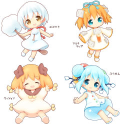 Rule 34 | 4girls, :d, ^ ^, aikei ake, bare arms, bare shoulders, blue eyes, blue hair, blue ribbon, blue skirt, blush, boots, brown dress, brown eyes, brown footwear, brown hair, bubble skirt, cable, chibi, closed eyes, closed mouth, commentary request, double bun, dress, facing viewer, hair between eyes, hair bun, hair ornament, hair ribbon, highres, long sleeves, looking at viewer, mimikaki, multiple girls, open mouth, orange hair, original, personification, puffy long sleeves, puffy sleeves, ribbon, see-through, shirt, shoes, sidelocks, simple background, skirt, sleeveless, sleeveless dress, sleeveless shirt, sleeves past wrists, smile, socks, soles, standing, standing on one leg, translation request, white background, white dress, white footwear, white hair, white legwear, white shirt, wide sleeves