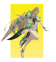 Rule 34 | 1girl, absurdres, artist name, bare shoulders, blonde hair, breasts, chain yu, cleavage cutout, clothing cutout, dated, detached sleeves, floating hair, full body, gloves, highres, holding, holding sword, holding weapon, huge weapon, large breasts, long hair, mythra (xenoblade), nintendo, no panties, shoes, side cutout, sidelocks, solo, super smash bros., sword, two-tone background, weapon, white background, xenoblade chronicles (series), xenoblade chronicles 2, yellow background
