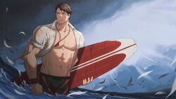 Rule 34 | 1boy, abs, bara, black hair, black male swimwear, cloud, collared shirt, day, falling feathers, feathers, highres, holding, holding surfboard, jammers, large pectorals, male focus, male swimwear, muscular, muscular male, navel, open clothes, open shirt, original, outdoors, pectorals, shirt, short hair, sky, solo, surfboard, water, wet, wet clothes, whistle, whistle around neck, white shirt, wristband, zhuganchangjiadan