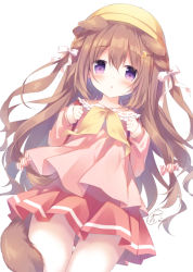 Rule 34 | 1girl, amamine, animal ears, azur lane, backpack, bag, blush, braid, brown hair, commentary request, crescent, crescent hair ornament, dog ears, dog tail, fumizuki (azur lane), hair ornament, hairclip, hat, long hair, pink shirt, pink skirt, purple eyes, randoseru, ribbon, school hat, school uniform, serafuku, shirt, skirt, solo, tail, thigh gap, yellow hat