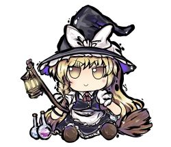 Rule 34 | 1girl, apron, black hat, black skirt, black vest, blonde hair, blush, bow, braid, broom, brown footwear, buttons, chibi, collared shirt, commentary, english commentary, flask, frilled apron, frilled skirt, frills, full body, fumo (doll), hair bow, hat, hat bow, highres, lantern, lis (lislisette), long hair, looking at viewer, neck ribbon, no nose, official style, potion, puffy short sleeves, puffy sleeves, red ribbon, ribbon, round-bottom flask, shirt, short sleeves, signature, simple background, single braid, sitting, skirt, skirt set, smile, solo, sunken fossil world, tokiame (style), touhou, very long hair, vest, waist apron, white apron, white background, white bow, white shirt, witch hat, yellow eyes