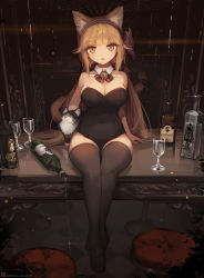 Rule 34 | 1girl, alcohol, animal, animal ears, asicah, bar (place), bare arms, bare shoulders, bell, black footwear, black leotard, black thighhighs, blonde hair, bottle, breasts, cat, cat ears, cat girl, cat tail, chair, checkered floor, cleavage, counter, covered navel, cup, dated, detached collar, drinking glass, full body, hair ribbon, hairband, indoors, jingle bell, kittysuit, large breasts, leotard, long hair, looking at viewer, low twintails, nontraditional playboy bunny, open mouth, orange eyes, original, ribbon, shoes, sitting, sleeveless, solo, spilling, tail, tail ornament, tail ribbon, thighhighs, twintails, very long hair, vodka, whiskey, wine glass, wing collar