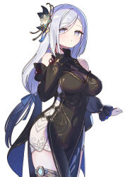 Rule 34 | 1girl, bare shoulders, black dress, blue bow, blush, bow, breasts, commentary request, covered navel, cowboy shot, detached sleeves, dress, genshin impact, grey eyes, hair bow, hand up, highres, large breasts, long hair, long sleeves, looking at viewer, shenhe (frostflower dew) (genshin impact), shenhe (genshin impact), simple background, sleeveless, sleeveless dress, solo, standing, very long hair, white background, white hair, zenshin