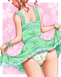 Rule 34 | 1girl, brown hair, clothes lift, commentary request, dr rex, dress, dress lift, from behind, idolmaster, idolmaster cinderella girls, lifted by self, ogata chieri, panties, print panties, short hair, solo, underwear
