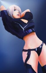 1girl angel_(kof) arms_up artofmountainbro blue_eyes breasts cleavage curvy female_focus huge_breasts jacket leather pale_skin short_hair the_king_of_fighters thong white_hair wide_hips