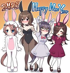 Rule 34 | &gt; &lt;, +++, 2023, 4girls, :d, ^ ^, admire vega (umamusume), animal costume, animal ears, arms up, bare shoulders, black-framed eyewear, black bow, black bowtie, black footwear, black hair, black leotard, blue eyes, blush, bow, bowtie, braid, breasts, brown footwear, brown hair, brown pantyhose, chinese zodiac, cleavage, closed eyes, collar, commentary, covered navel, detached collar, dress, flying sweatdrops, fur-trimmed mittens, fur trim, glasses, grey mittens, groin, hair between eyes, hair over one eye, happy birthday, highres, horse ears, horse girl, horse tail, leotard, long hair, low twintails, medium breasts, mittens, multiple girls, narita taishin (umamusume), nose blush, open mouth, pantyhose, parted bangs, playboy bunny, puffy short sleeves, puffy sleeves, purple dress, purple mittens, red dress, red eyes, rice shower (umamusume), shoes, short sleeves, smile, standing, standing on one leg, strapless, strapless leotard, tail, takiki, trembling, twintails, umamusume, v-shaped eyebrows, very long hair, white collar, white pantyhose, wrist cuffs, year of the rabbit, zenno rob roy (umamusume)
