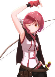Rule 34 | 10s, 1girl, :c, armpits, arrow (projectile), belt, bow (weapon), braid, gloves, hai to gensou no grimgar, hair over shoulder, hand on own hip, highres, knife, long hair, nananana (raven04max), one eye closed, pink hair, pouch, quiver, single braid, solo, weapon, yellow eyes, yume (grimgar)