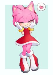 Rule 34 | 1girl, amy rose, border, closed eyes, dress, furry, furry female, gloves, headband, heart, red dress, red headband, shoes, simple background, solo, sonic (series), speech bubble, uno usaya, white border, white gloves