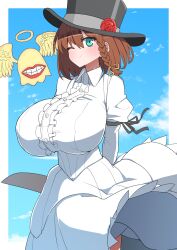 Rule 34 | 1girl, akitokage, arms behind back, blue sky, braid, breasts, brown hair, center frills, charlotte corday (fate), dress, fate/grand order, fate (series), frills, green eyes, highres, huge breasts, juliet sleeves, knife, long sleeves, looking at viewer, one eye closed, puffy sleeves, short hair, side braid, sky, smile, white dress