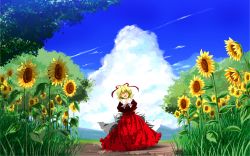 Rule 34 | 1girl, arms behind back, blonde hair, blue sky, closed eyes, cloud, day, female focus, field, flower, flower field, grass, hair ribbon, happy, highres, medicine melancholy, nekominase, open mouth, outdoors, ribbon, sash, shirt, skirt, sky, smile, solo, sunflower, sunflower field, sunlight, touhou, tree