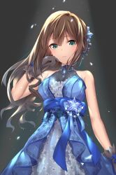 Rule 34 | 1girl, bare shoulders, black background, black gloves, blue dress, breasts, brown hair, dress, gloves, green eyes, hair ornament, highres, idolmaster, idolmaster cinderella girls, idolmaster cinderella girls starlight stage, long hair, looking at viewer, medium breasts, parted lips, seedkeng, shibuya rin, solo