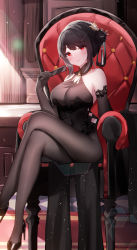 Rule 34 | 1girl, absurdres, azur lane, bare shoulders, black bodysuit, black footwear, black hair, black pantyhose, blush, bodystocking, bodysuit, breasts, chair, chen hai (azur lane), chen hai (vestibule of wonders) (azur lane), china dress, chinese clothes, closed mouth, covered navel, crossed legs, dress, elbow gloves, folding fan, foot out of frame, gloves, hair bun, hand fan, high heels, highres, holding, holding fan, indoors, lace, lace-trimmed gloves, lace trim, large breasts, legs, long hair, long legs, looking at viewer, official alternate costume, pantyhose, red eyes, sidelocks, sitting, smile, solo, usagi (786113654)