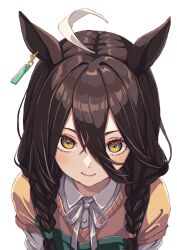 Rule 34 | 1girl, ahoge, animal ears, black hair, braid, closed mouth, collared shirt, commentary request, hair between eyes, highres, horse ears, horse girl, kama o nu, long hair, looking at viewer, manhattan cafe (umamusume), multicolored hair, ribbon, shirt, simple background, skirt, smile, solo, streaked hair, sweater, twin braids, umamusume, upper body, white background, white hair, white ribbon, white shirt, white skirt, yellow eyes, yellow sweater