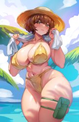 Rule 34 | 1girl, absurdres, bikini, breasts, brown eyes, brown hair, cleavage, cloud, collarbone, cowboy shot, curvy, gad the god, hat, highres, large breasts, navel, original, palm leaf, parted lips, pouch, short hair, skindentation, sky, solo, sun hat, swimsuit, thigh pouch, thigh strap, towel, towel around neck, yellow bikini