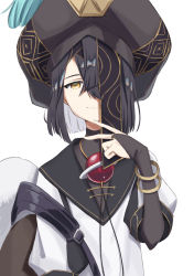 Rule 34 | 1girl, 2gokghr, black hair, black hat, bracelet, breasts, bridal gauntlets, brown eyes, chinese clothes, commentary request, doll, fate/grand order, fate (series), hair over one eye, hat, holding, holding doll, jewelry, long sleeves, looking at viewer, mole, mole under eye, robe, short hair, small breasts, smile, space xu fu (fate), v, white robe, xu fu (fate)