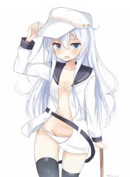 Rule 34 | 10s, 1girl, black thighhighs, blue eyes, collarbone, flat cap, hammer and sickle, hat, hibiki (kancolle), highres, kantai collection, long hair, looking at viewer, open mouth, pinoaisu, school uniform, serafuku, silver hair, simple background, solo, star (symbol), thighhighs, verniy (kancolle), white background