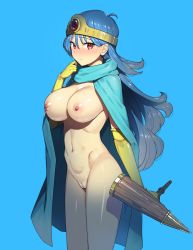Rule 34 | 1girl, ahoge, blue background, blue cape, blue hair, blush, breasts, cape, circlet, cleft of venus, closed mouth, commentary request, dragon quest, dragon quest iii, elbow gloves, gloves, hair between eyes, hand up, highres, holding, holding staff, jewelry, large breasts, long hair, looking at viewer, munashi mujou, navel, nipples, nude, pussy, red eyes, sage (dq3), shiny skin, simple background, solo, staff, stomach, thighs, yellow gloves