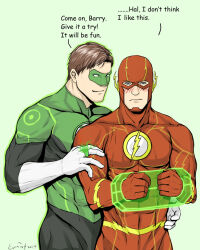 Rule 34 | 2boys, bara, barry allen, black bodysuit, blush, bodysuit, bound, bound wrists, brown hair, closed mouth, dc comics, domino mask, english text, evinist, gloves, green bodysuit, green lantern, green lantern (series), hal jordan, jewelry, large pectorals, looking at another, male focus, mask, multiple boys, muscular, muscular male, pectorals, red bodysuit, restrained, ring, short hair, simple background, smile, the flash, the flash (series), two-tone bodysuit, white gloves, yaoi