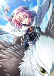 Rule 34 | 1boy, :d, astolfo (fate), bad id, bad pixiv id, bald eagle, bird, black bow, blue sky, blurry, blush, bow, cape, commentary request, day, depth of field, eagle, fang, fate/apocrypha, fate (series), flying, fur trim, hair bow, hair intakes, highres, leaning forward, long hair, looking at viewer, male focus, multicolored hair, open mouth, outdoors, pink hair, purple eyes, riding, rusk (canvas4ban), sky, smile, streaked hair, trap, very long hair, white cape, white hair