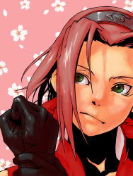 Rule 34 | 1girl, :/, @ (shuriken fighter), bare shoulders, black gloves, clenched hand, floral background, flower, forehead, gloves, green eyes, haruno sakura, headband, headdress, konohagakure symbol, lips, looking away, looking to the side, naruto, naruto (series), pink background, pink hair, portrait, red shirt, shiny clothes, shirt, shuriken (artist), sleeveless, sleeveless shirt, solo, upper body