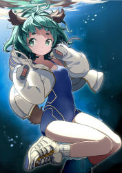 Rule 34 | 1girl, alternate costume, animal ears, bare legs, bare shoulders, blue one-piece swimsuit, breasts, commentary request, contemporary, drawstring, feet out of frame, green eyes, green hair, hands up, highres, hood, hooded jacket, jacket, jumping, kasodani kyouko, light particles, long sleeves, looking at viewer, namauni, one-piece swimsuit, open clothes, open jacket, shoes, short hair, sleeves past fingers, sleeves past wrists, small breasts, sneakers, socks, solo, swimsuit, tail, thick eyebrows, thighs, touhou, underwater, white footwear, white jacket, white socks