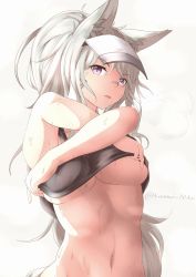 Rule 34 | 1girl, animal ears, arknights, breasts, cleavage, grani (arknights), highres, hinanawi mika, horse girl, large breasts, long hair, looking at viewer, navel, purple eyes, removing shirt, shirt, simple background, solo, sweat, tail, underboob, white hair, white shirt