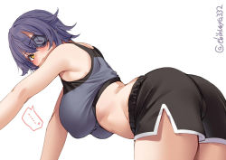 Rule 34 | ..., 1girl, all fours, alternate costume, ass, bent over, blush, breasts, ebifurya, eyepatch, hanging breasts, kantai collection, large breasts, looking at viewer, looking back, navel, one-hour drawing challenge, purple hair, short hair, shorts, side slit, solo, spoken ellipsis, sports bra, stomach, tank top, tenryuu (kancolle), thighs, twitter username, white background, yellow eyes