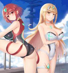 Rule 34 | 2girls, absurdres, ahoge, ass, bare shoulders, blonde hair, blush, breasts, cameltoe, competition swimsuit, from behind, highres, large breasts, long hair, looking at viewer, looking back, multiple girls, mythra (radiant beach) (xenoblade), mythra (xenoblade), nintendo, one-piece swimsuit, pyra (pro swimmer) (xenoblade), pyra (xenoblade), red eyes, red hair, shiny clothes, shiny skin, short hair, sideboob, smile, strapless, strapless one-piece swimsuit, swimsuit, thigh strap, thighs, tiara, very long hair, xenoblade chronicles (series), xenoblade chronicles 2, yanows, yellow eyes