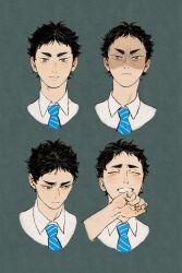 Rule 34 | 1boy, akaashi keiji, black hair, blue necktie, chengongzi123, closed eyes, closed mouth, collared shirt, expressions, green eyes, grey background, grin, haikyuu!!, hand up, hashtag-only commentary, highres, looking at viewer, male focus, multiple views, necktie, portrait, shaded face, shirt, short hair, simple background, smile, striped necktie, very short hair, white shirt