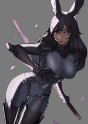Rule 34 | 1girl, absurdres, animal ears, arm armor, armor, armored boots, bodysuit, boots, breasts, dark-skinned female, dark skin, final fantasy, final fantasy xiv, highres, impossible bodysuit, impossible clothes, kagematsuri, katana, large breasts, lips, looking at viewer, navel, rabbit ears, rabbit girl, samurai, samurai (final fantasy), shoulder armor, skin tight, skindentation, sword, thigh gap, thighhighs, thighs, viera, warrior of light (ff14), weapon