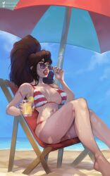 Rule 34 | 1girl, adjusting eyewear, barefoot, beach, beach umbrella, big hair, bikini, blue sky, breasts, brown hair, cocktail, cocktail glass, covered erect nipples, cup, day, drinking glass, drinking straw, green eyes, high ponytail, highres, kate starling, large breasts, lipstick, long hair, looking at viewer, makeup, navel, nikki (kate starling), ocean, open mouth, original, paid reward available, reclining, red bikini, red lips, sagging breasts, sky, solo, striped bikini, striped clothes, suggestive fluid, sunglasses, sweat, swimsuit, teeth, toned, umbrella, variant set, very sweaty