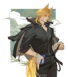 Rule 34 | 1boy, animal ears, arknights, black pants, black shirt, blonde hair, chinese commentary, commentary request, fingerless gloves, gloves, hand on own hip, hand on weapon, horse boy, horse ears, horse tail, looking at viewer, male focus, mlynar (arknights), ncww rinichi, pants, profile, sheath, sheathed, shirt, tail, white gloves