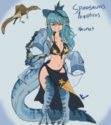 Rule 34 | 1girl, a.c. hunter, absurdres, animal ears, bare shoulders, bikini, black bikini, blue background, blue hair, blue jacket, breasts, character name, cleavage, commentary, digitigrade, dinosaur girl, dinosaur tail, english commentary, grin, highres, jacket, long hair, medium breasts, midriff, monster girl, navel, original, pointy ears, reference inset, sarong, sleeves past fingers, sleeves past wrists, smile, solo, spinosaurus, swimsuit, tail, talons, yellow eyes