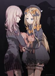 Rule 34 | 2girls, abigail williams (fate), bags under eyes, black dress, black hat, blonde hair, bloomers, bow, chibirisu, dress, fate/grand order, fate (series), hair bow, hat, holding, holding stuffed toy, lavinia whateley (fate), long hair, long sleeves, multiple girls, parted bangs, shadow, sleeves past wrists, stuffed animal, stuffed toy, teddy bear, underwear, white hair