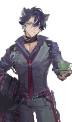 Rule 34 | 1boy, bandaged neck, bandages, black hair, black shirt, collared shirt, cup, facial scar, genshin impact, grey hair, grey vest, hair between eyes, highres, holding, holding saucer, jacket, long sleeves, looking at viewer, male focus, mare6ns, multicolored hair, necktie, pants, red necktie, saucer, scar, scar on cheek, scar on face, scar on neck, shirt, simple background, solo, unworn jacket, vest, white background, wriothesley (genshin impact)