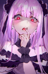 Rule 34 | 1girl, absurdres, bare shoulders, commentary request, disgust, dress, earrings, highres, hololive, jewelry, mile (off8mile), off-shoulder dress, off shoulder, open mouth, purple hair, red eyes, see-through, see-through sleeves, skull earrings, solo, teeth, tongue, uruha rushia, uruha rushia (3rd costume), virtual youtuber