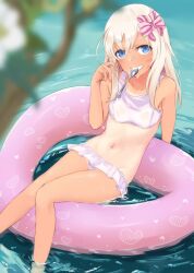Rule 34 | 1girl, alakoala, bikini, blonde hair, blue eyes, blurry, blurry foreground, bow, breasts, commentary request, grin, hair between eyes, hair bow, heart, heart-shaped innertube, heart print, highres, kantai collection, long hair, navel, ocean, on innertube, one-piece tan, partially submerged, pink innertube, ro-500 (kancolle), small breasts, smile, solo, spoon, swimsuit, tan, tanline, utensil in mouth, white bikini