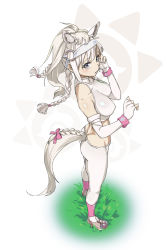 Rule 34 | 10s, 1girl, animal ears, ass, bare shoulders, bow, braid, breasts, dimples of venus, elbow gloves, fingerless gloves, from above, from side, full body, gloves, grass, grey eyes, hair bow, headband, highres, horse ears, horse girl, horse tail, impossible clothes, impossible shirt, japan racing association, kemono friends, large breasts, long hair, looking at viewer, midriff, o-ring, outdoors, parted lips, ponytail, rai32019, shirt, simple background, solo, sports bra, standing, tail, tail bow, tail ornament, turtleneck, twin braids, white background, white gloves, white hair, white sports bra, white thoroughbred (kemono friends), wristband