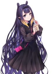 Rule 34 | 1girl, bad id, bad pixiv id, bag, black dress, closed mouth, commentary, cup, disposable cup, dress, drinking straw, hairband, hands up, highres, holding, holding cup, hololive, hololive english, long hair, long sleeves, looking at viewer, mole, mole under eye, multicolored hair, n15e, ninomae ina&#039;nis, ninomae ina&#039;nis (casual), pantyhose, pink bag, pointy ears, purple hair, simple background, smile, solo, striped clothes, striped pantyhose, tentacle hair, very long hair, virtual youtuber, white background
