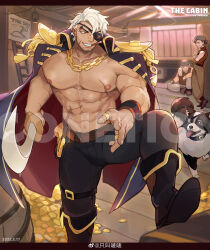 Rule 34 | 3boys, abs, absurdres, bara, bara pirate, bare pectorals, blonde hair, boots, chain necklace, coat, coat on shoulders, coin, commission, dog, eyepatch, facial hair, goatee, gold coin, highres, jewelry, large pectorals, machete, male focus, multiple boys, muscular, muscular male, navel, necklace, nipples, no shirt, original, pants, pectorals, pirate, red eyes, scar, scar on arm, scar on chest, scar on stomach, short hair, shoulder pads, smile, solo focus, stomach, thick thighs, thighs, watermark, yamariceball