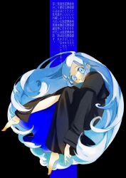 Rule 34 | 1girl, barefoot, black background, black capelet, black robe, blue background, blue eyes, blue hair, blush, capelet, closed mouth, commentary request, curly hair, expressionless, floating, from side, full body, highres, knees to chest, knees up, kunagisa tomo, long hair, long sleeves, looking at viewer, looking to the side, narumiya ponpo, plantar flexion, robe, solo, text background, translation request, v, very long hair, zaregoto series