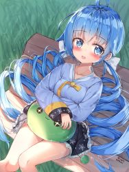 Rule 34 | 1girl, bad id, bad pixiv id, bench, black skirt, blue eyes, blue hair, blue shirt, blush, character request, crossed arms, curly hair, highres, long hair, maplestory, maplestory 2, open mouth, outdoors, ribbon, shirt, sitting, skirt, slime (creature), smile, tandohark, twintails, very long hair